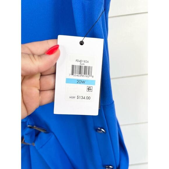 DKNY Blue Waist Belt Button Detail Crew Neck Sleeveless Scuba Crepe Dress Sz 20W - Picture 12 of 15